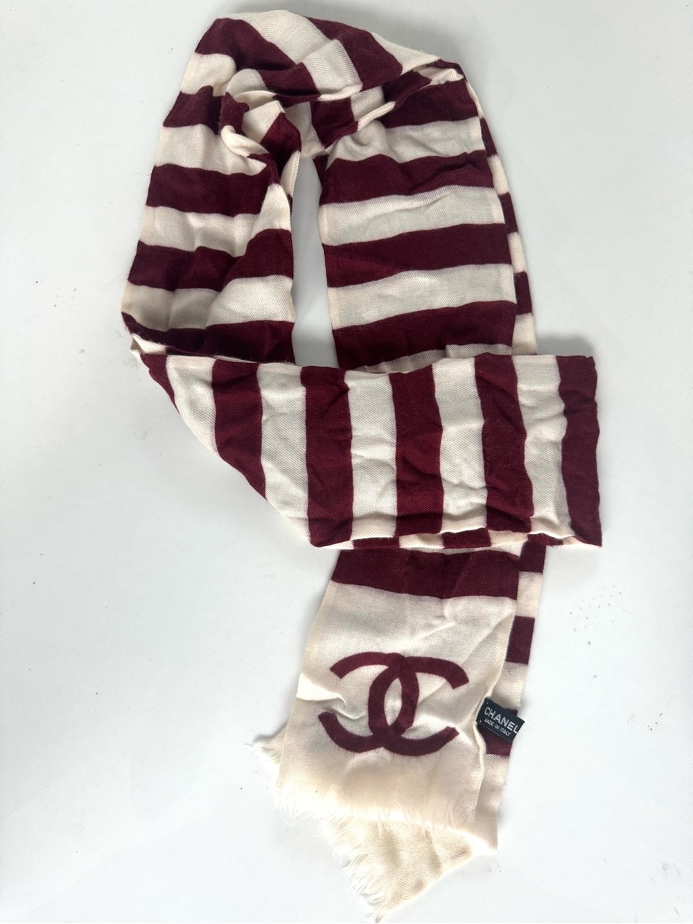CHANEL Cashmere Burgundy and Cream Striped Logo Scarf 2009-2010 cruise collectio